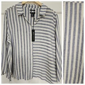 JNY Jones New York Button Front 100% Linen Striped Blouse Size XL